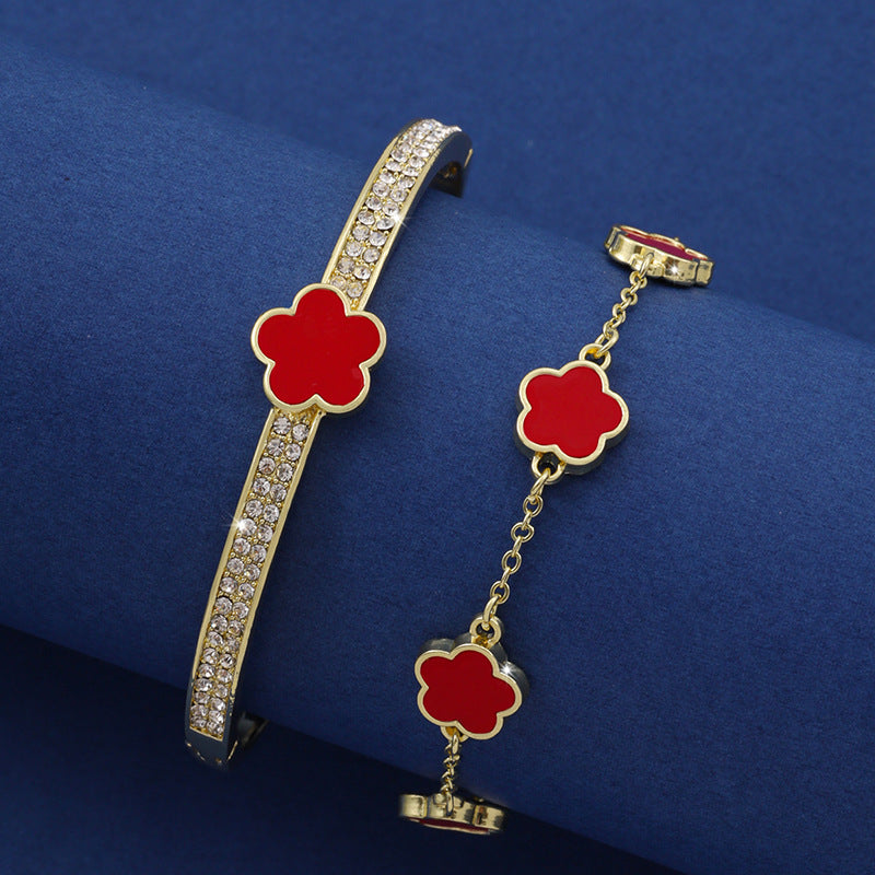 Pulsera de flores de cinco pétalos de la suerte Pulsera de flores de cinco hojas de dos piezas para mujer