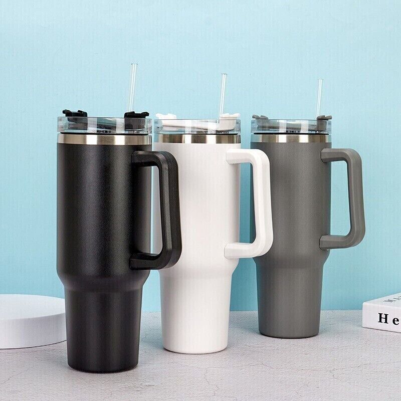 Vaso de agua de acero inoxidable, taza con asa de 40 onzas, botella aislada con paja, taza duplicada
