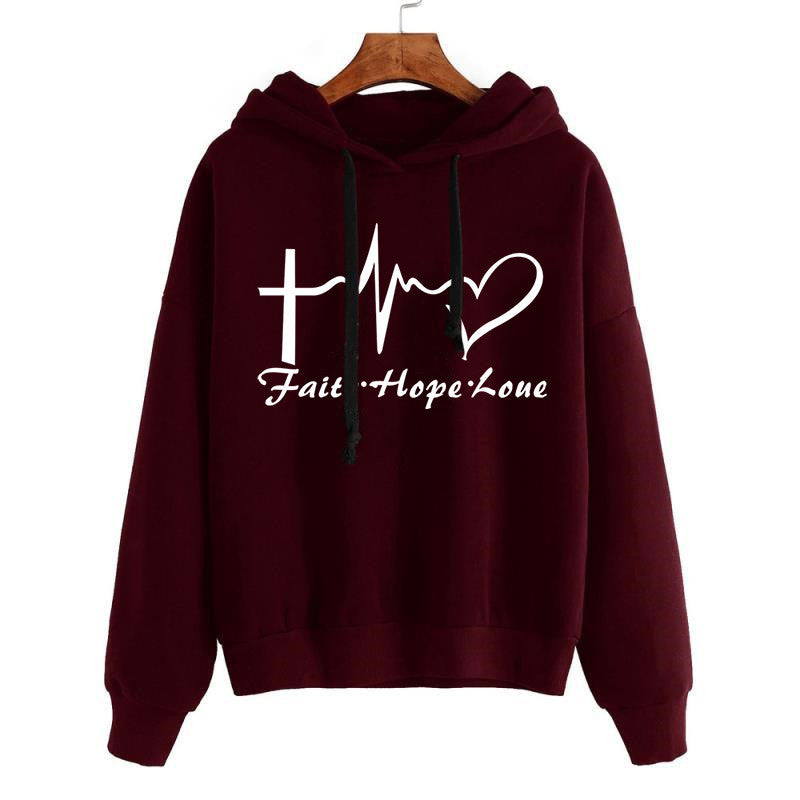 Sweat à capuche imprimé cœur, pull, haut, manches longues, vêtements de sport pour femmes