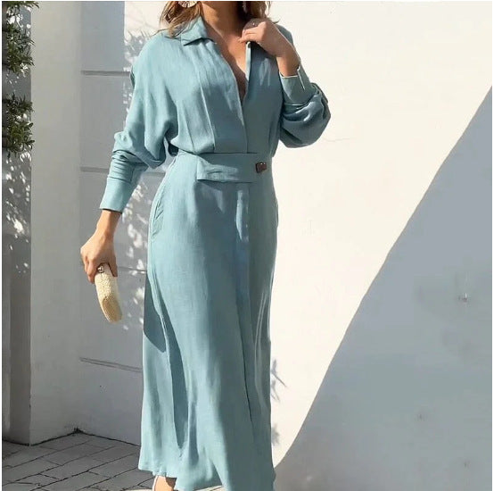 Vestido de solapa de manga larga con cuello en V para mujer Vestido largo delgado de moda