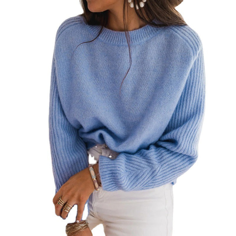 Pull en velours côtelé Bedford bleu lait européen pour femme, col rond, manches longues, tricot décontracté, vêtements d'extérieur tendance