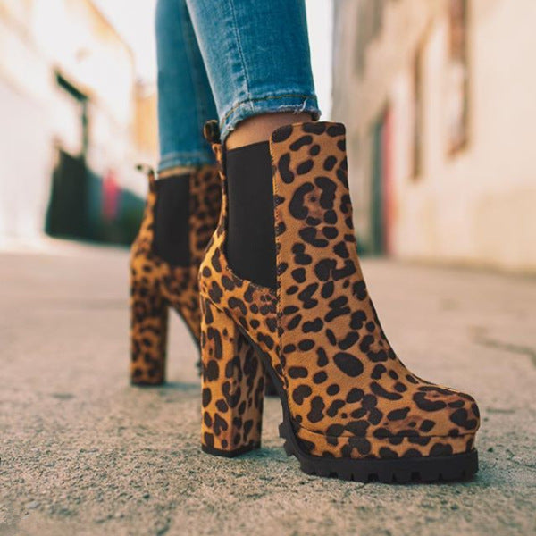 Botas de tobillo de punta redonda con estampado de leopardo liso, zapatos de tacón alto cuadrado grueso para mujer, botas de fiesta de vestir de gamuza de moda informal para otoño e invierno