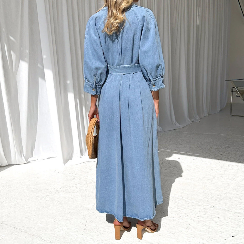 Robe en jean décontractée à boutons et col en V, avec lacets et taille cintrée