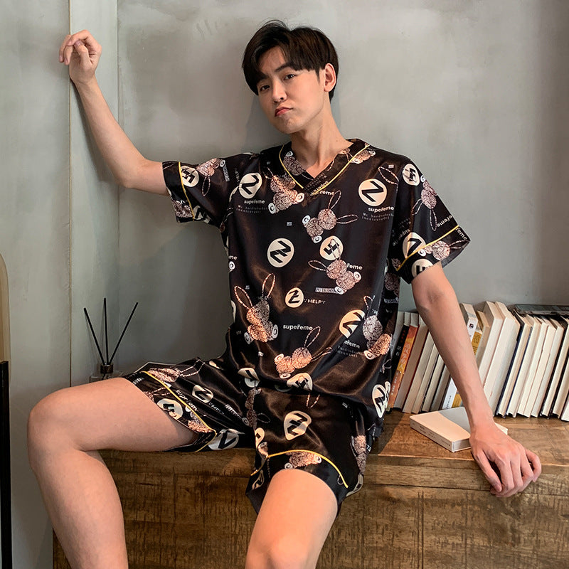 Pijamas para hombre de talla grande, talla grande, verano, cuello en V, seda de hielo, finos, para uso diario, para el hogar, tallas grandes, tallas grandes