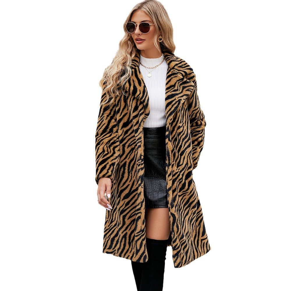 Fashion Leisure Suit Collar Artificial Leather Fur Coat Zebra Pattern Plush Long Coat