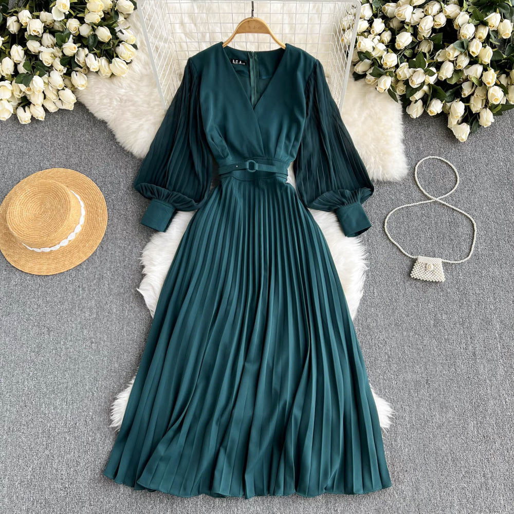 Vestido retro francés con cintura y cuello en V Royal Sister