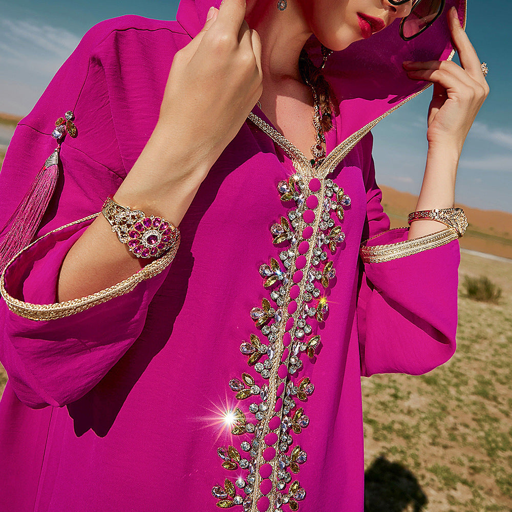 Robe à capuche rouge rose pour femme, style marocain du Moyen-Orient et de Dubaï