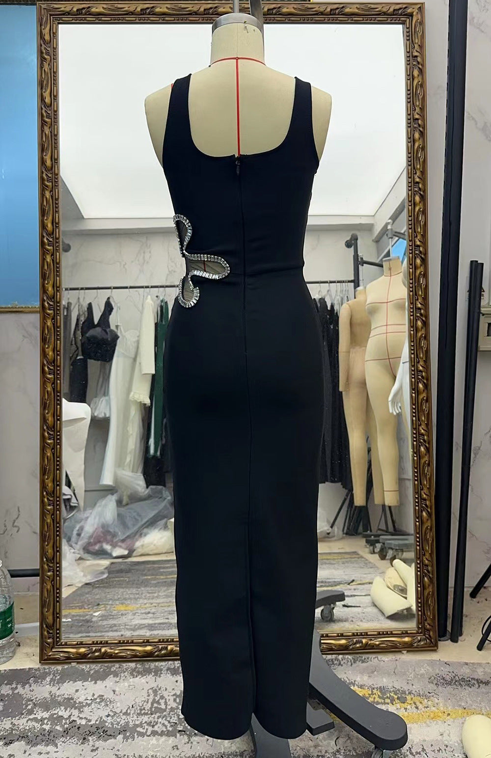 Jupe longue bandage en maille sans manches à col carré pour femme