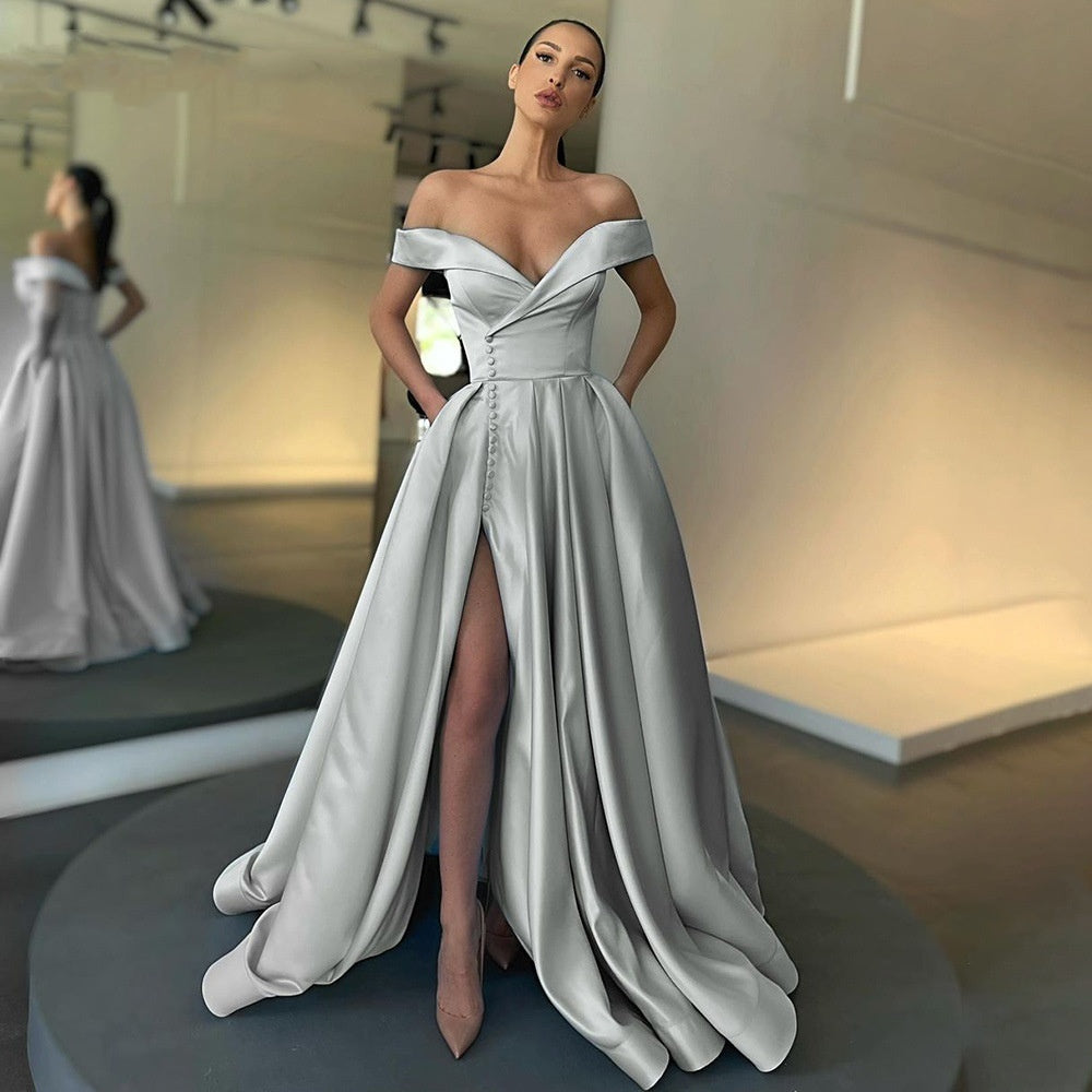 Vestido sexy de satén mixto con cintura alta, hombros descubiertos, escote en V profundo y abertura alta