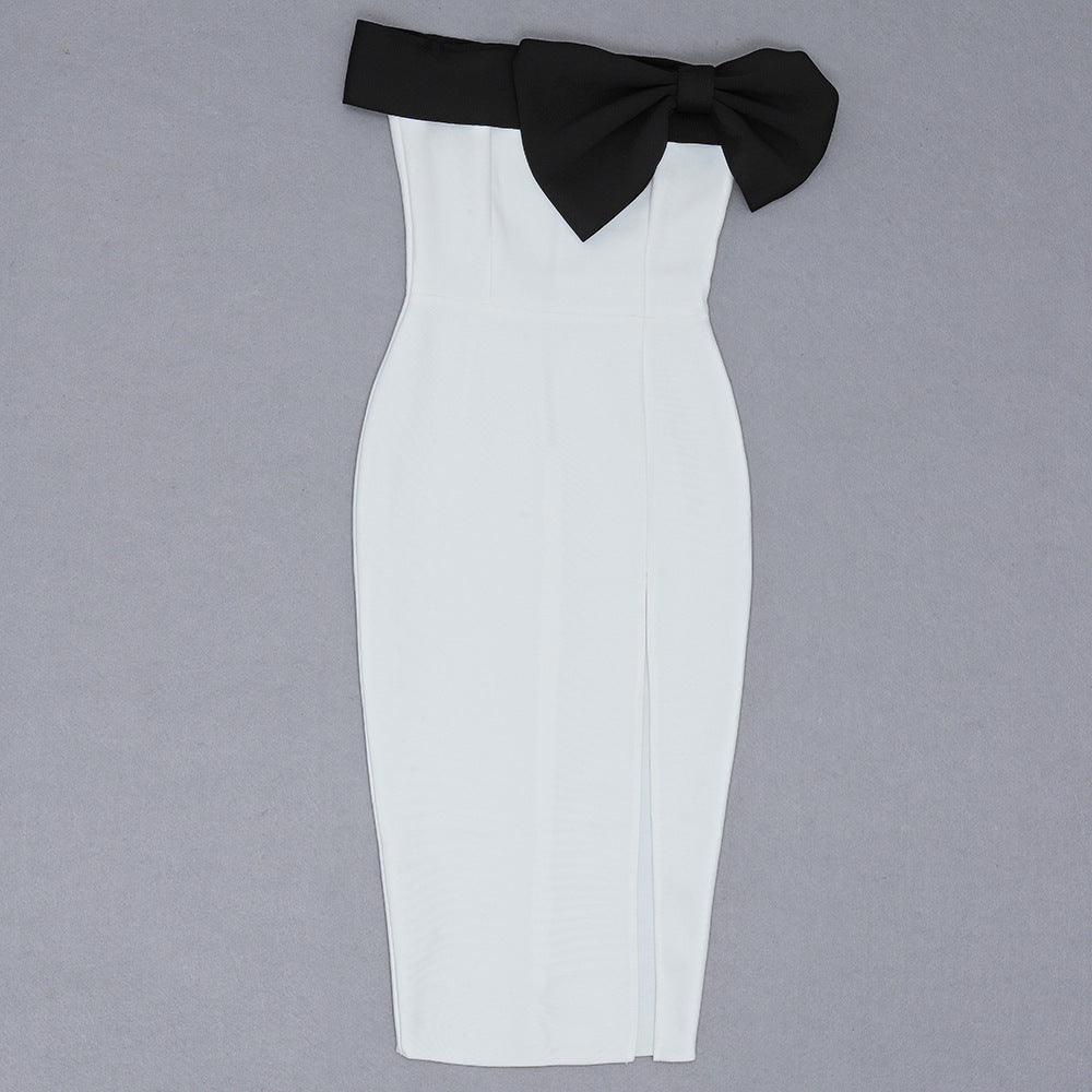 Robe de soirée longue fendue noire et blanche avec nœud