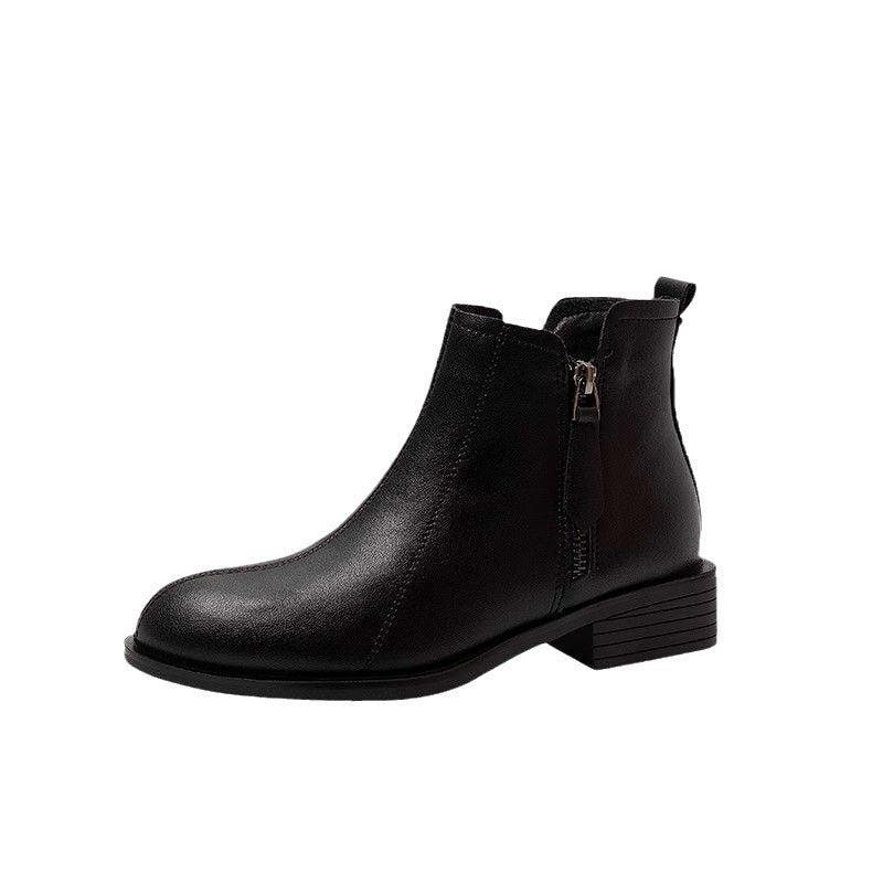 Botas cortas británicas de cuero suave con punta redonda y cremallera lateral