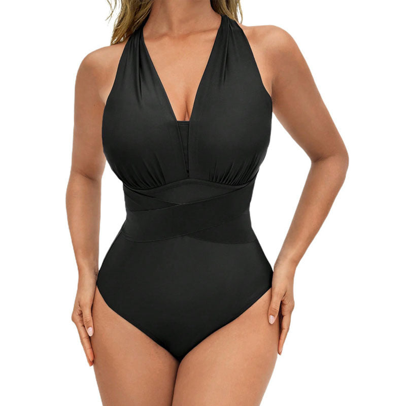 Traje de baño de una pieza adelgazante con cuello halter para mujer