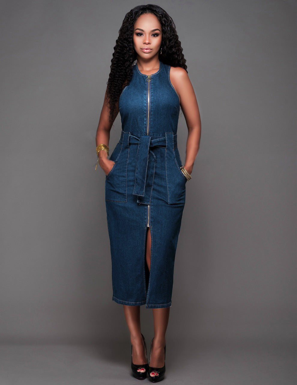 Robe moulante en jean sans manches à la mode, jupe mi-longue