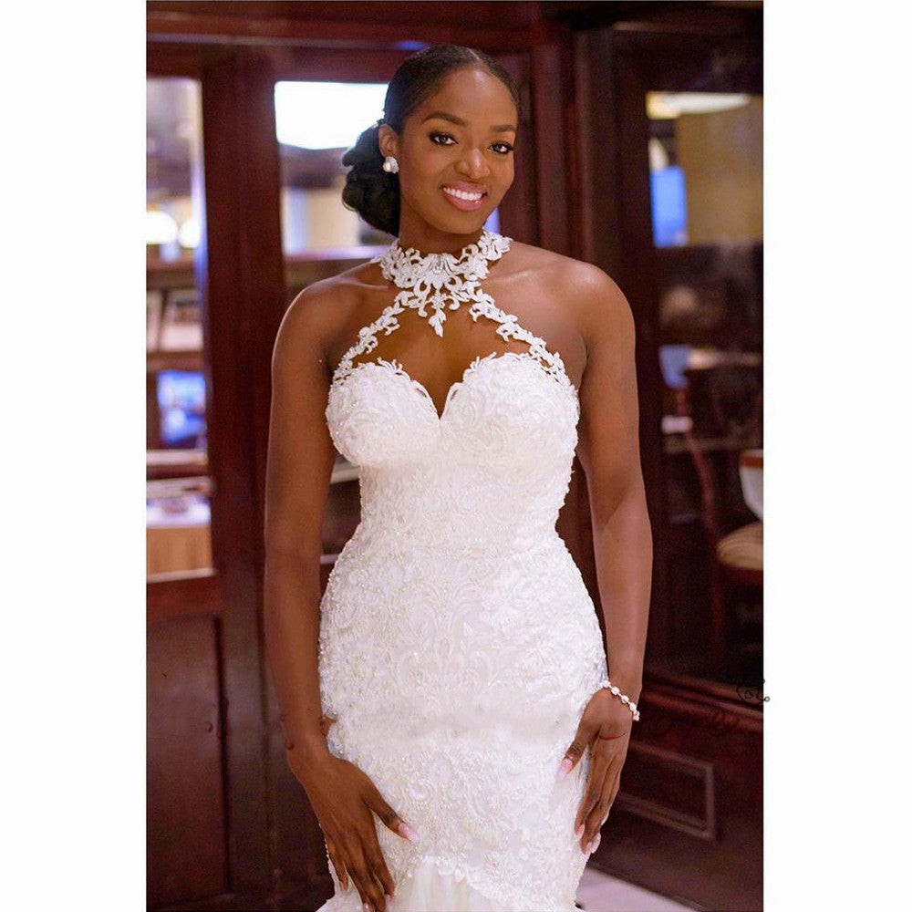Vestidos de novia con cuentas de encaje vintage, vestidos de novia de sirena con cuello transparente, vestidos de boda baratos atractivos