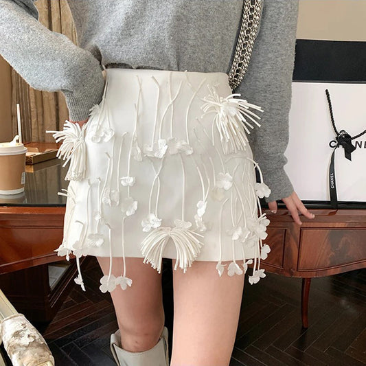 Jupe taille haute amincissante à pompons en jacquard