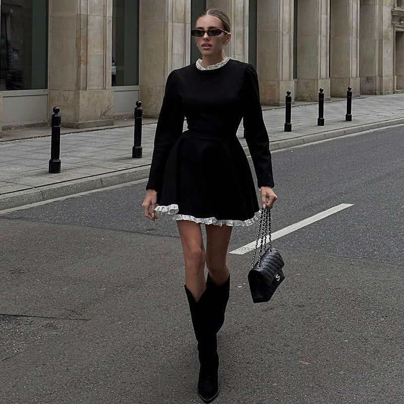 Contrast Color Fungus Long Sleeve A- Line Dress Women