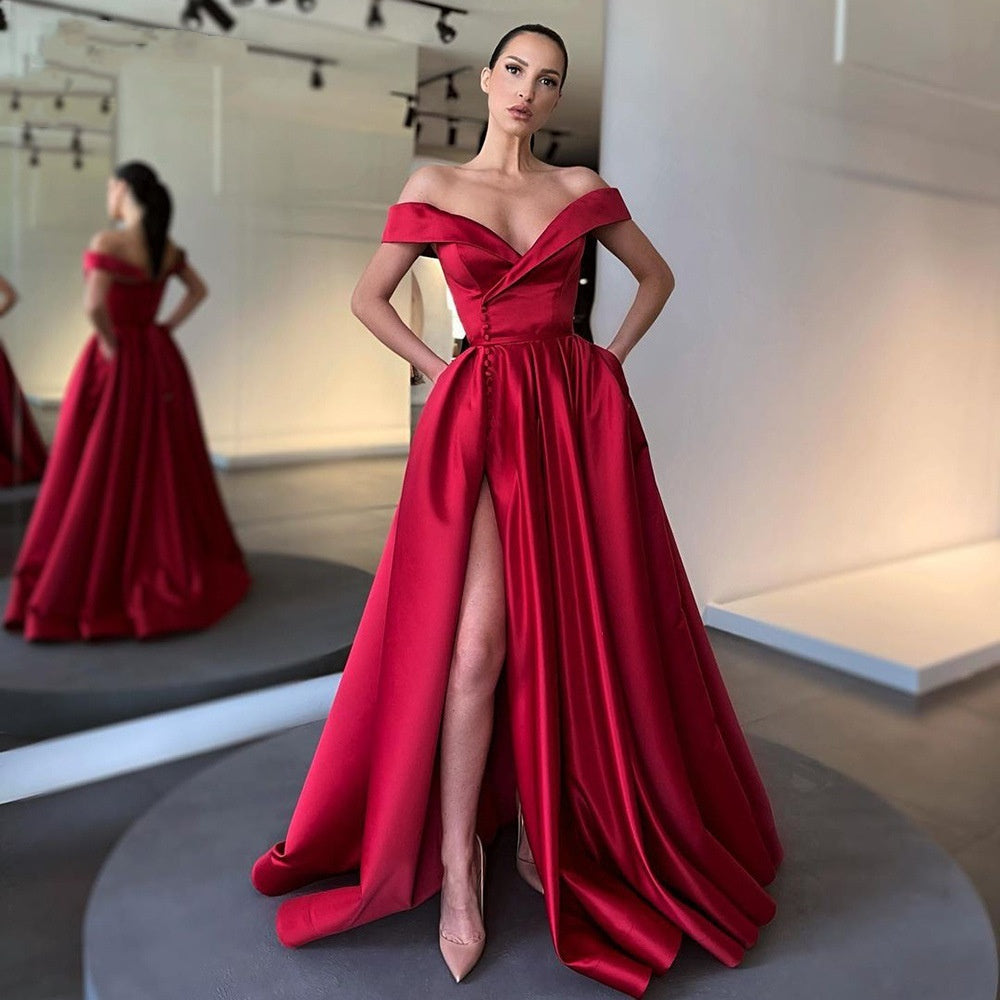 Vestido sexy de satén mixto con cintura alta, hombros descubiertos, escote en V profundo y abertura alta