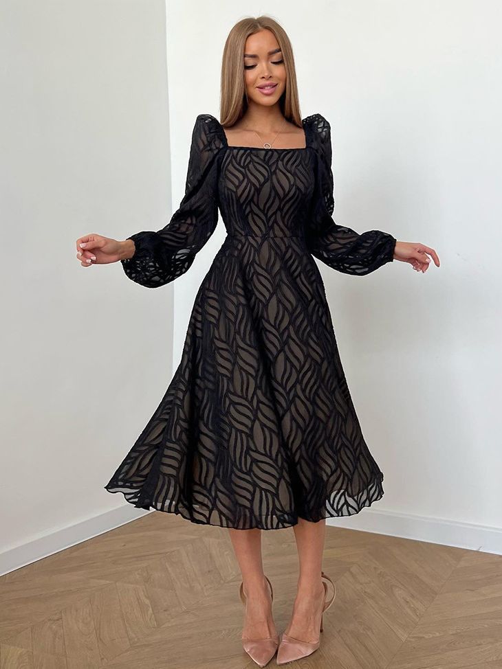 Women's Graceful And Fashionable Hollow-out Micro-transparent Jacquard High Waist Long Sleeves Dress