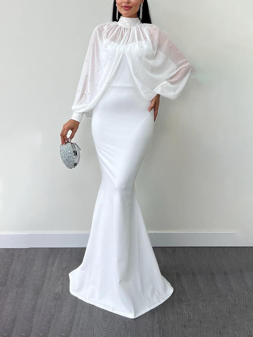 Ensemble deux pièces robe à bretelles en maille et perles à col licou