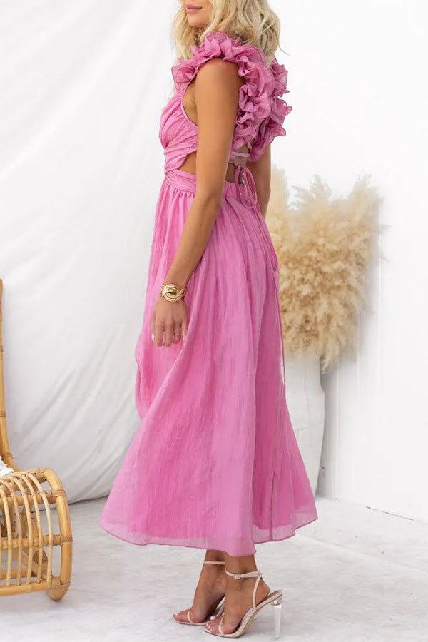 Women's Sleeveless Solid Color Lace-up Pleated Skirt Dress