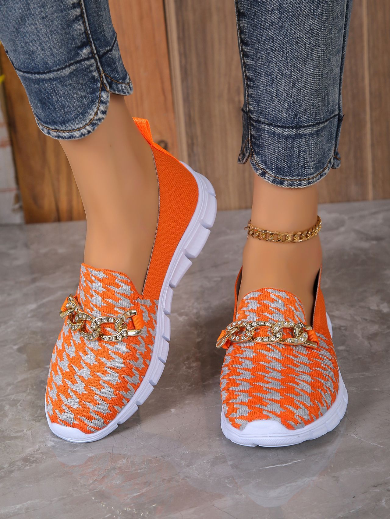 Zapatos casuales de malla con cadena y estampado de pata de gallo, zapatos planos deportivos para caminar de verano para mujer, mocasines transpirables