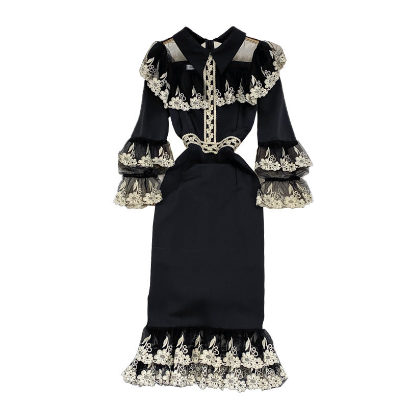 Vestido delgado con falda de temperamento delgada y cintura con bordado artesanal pesado