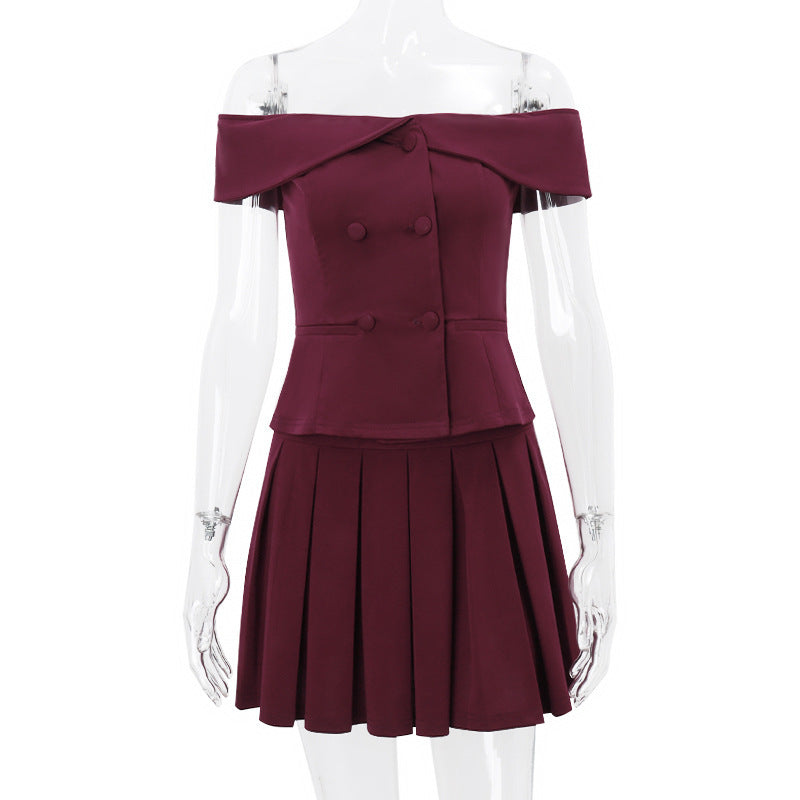 Elegante traje cruzado con top con hombros descubiertos y falda plisada Ropa de mujer