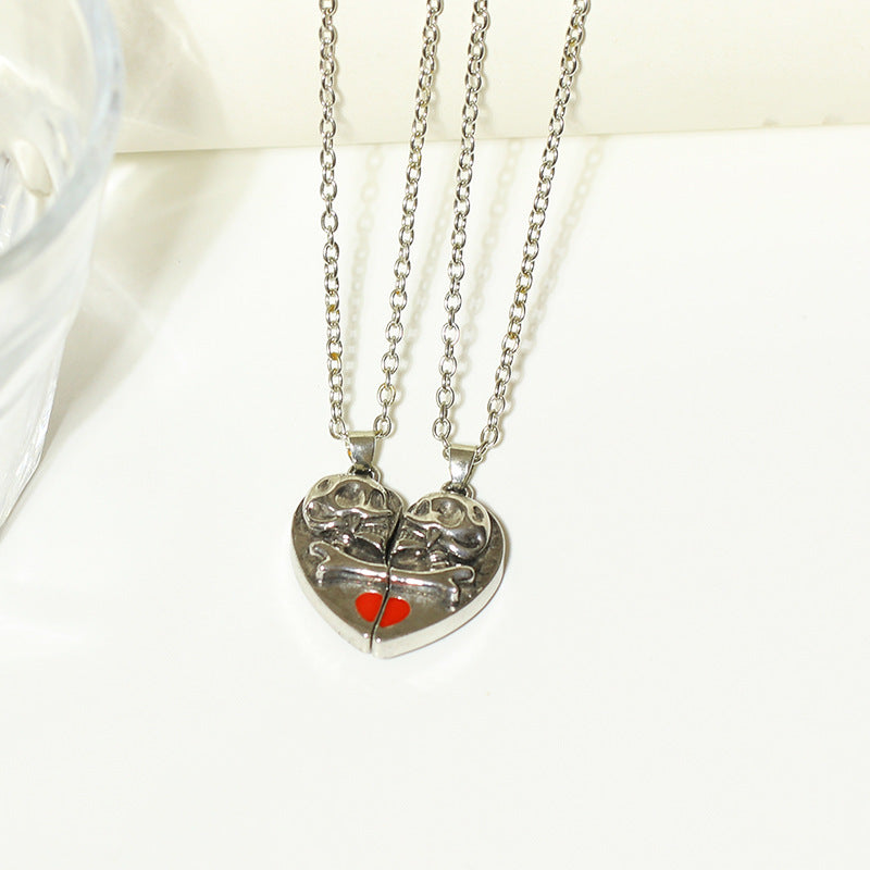 Collier avec pendentif tête de mort punk rétro pour Halloween, en forme de cœur, avec coutures magnétiques, pour couple