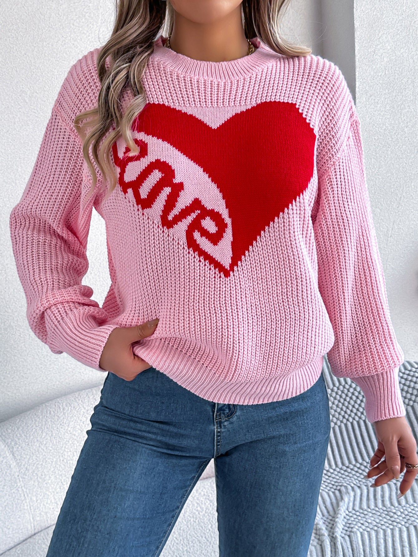 Suéter con estampado de amor para mujer, suéter holgado de manga larga de punto para otoño e invierno, ropa para el día de San Valentín