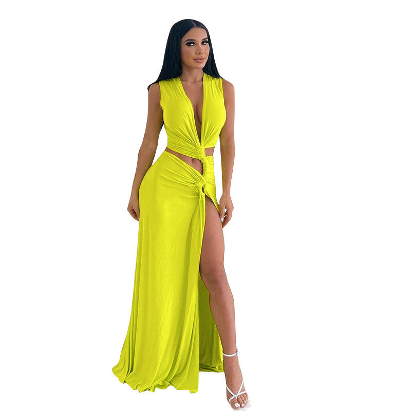 Robe moulante ajourée à col en V profond et couleur unie pour femme