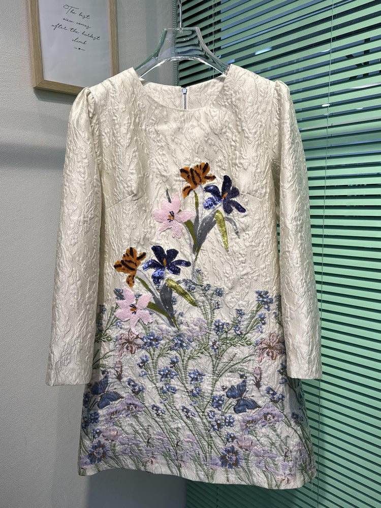 Heavy Embroidery Sequins Fashion Narcissus Jacquard Printed Long Sleeve Short Dress