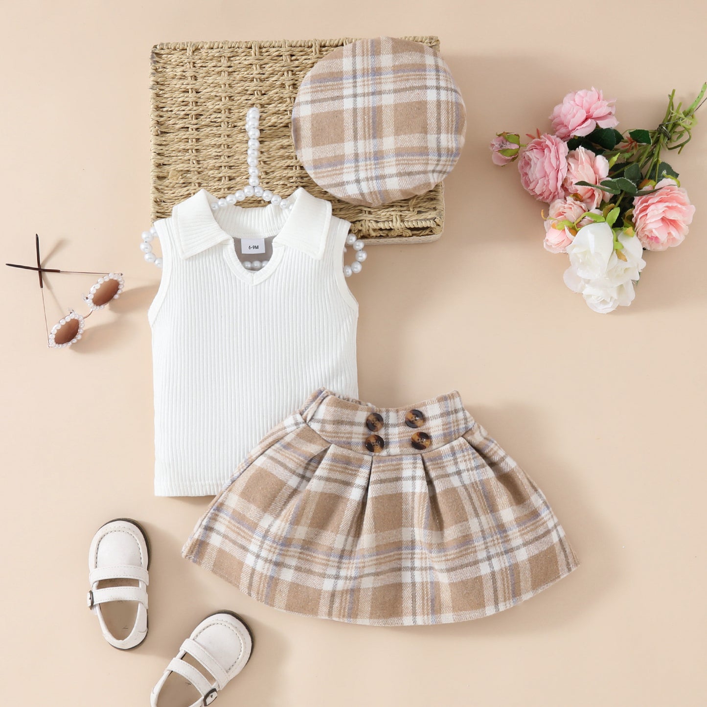 Ensemble jupe et béret à carreaux pour fille