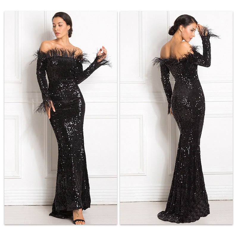 Robe de soirée formelle à épaules dénudées et queue de poisson