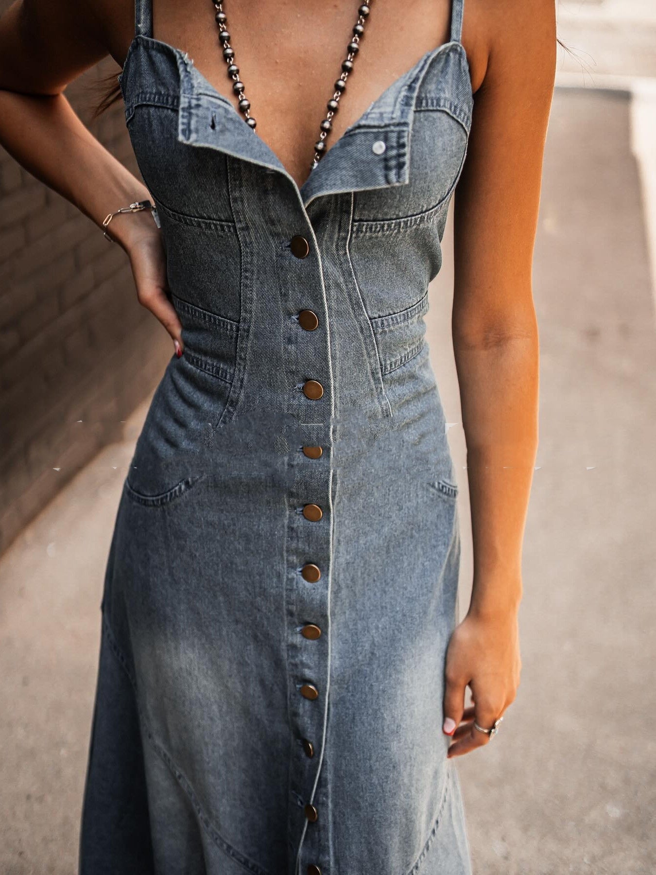 Women's Vintage Denim Washed Distressed Large Swing Dress