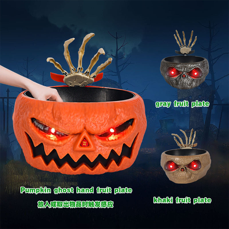 Cuenco de plástico con forma de calabaza para dulces de Halloween con mano activada por movimiento, platos para servir de Halloween, cuenco de calabazas de Halloween que funciona con pilas para fiestas de truco o trato