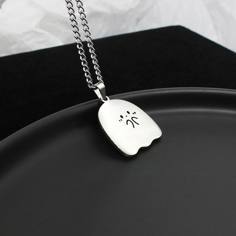 Collier en acier inoxydable avec pendentif en forme de chat et de fantôme mignon, idéal pour un couple, idéal pour l'amitié ou comme cadeau