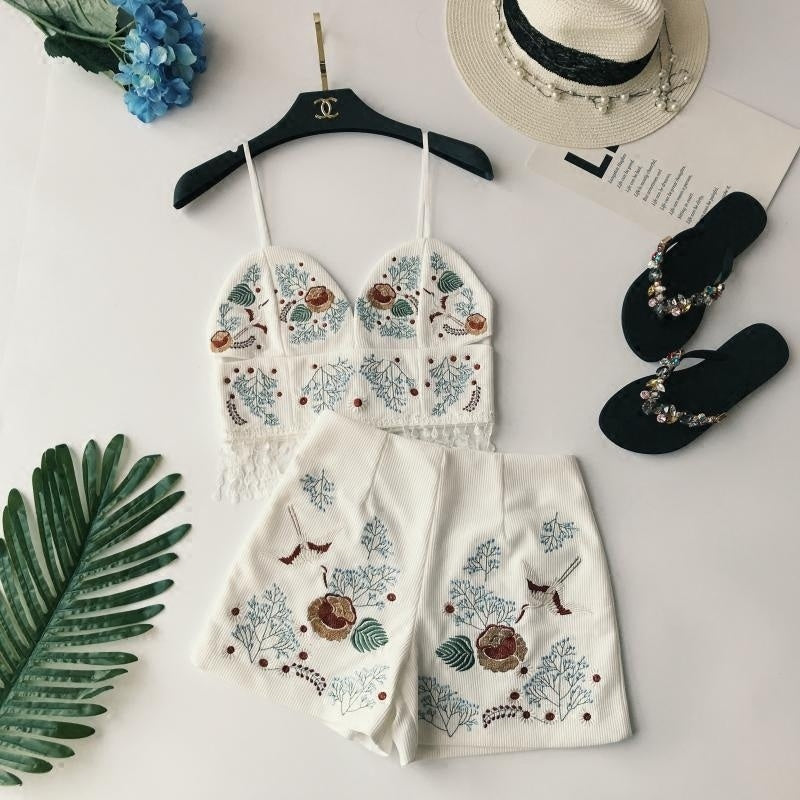 Flower Sling Top + High Aaist Embroidered Shorts two-piece suit