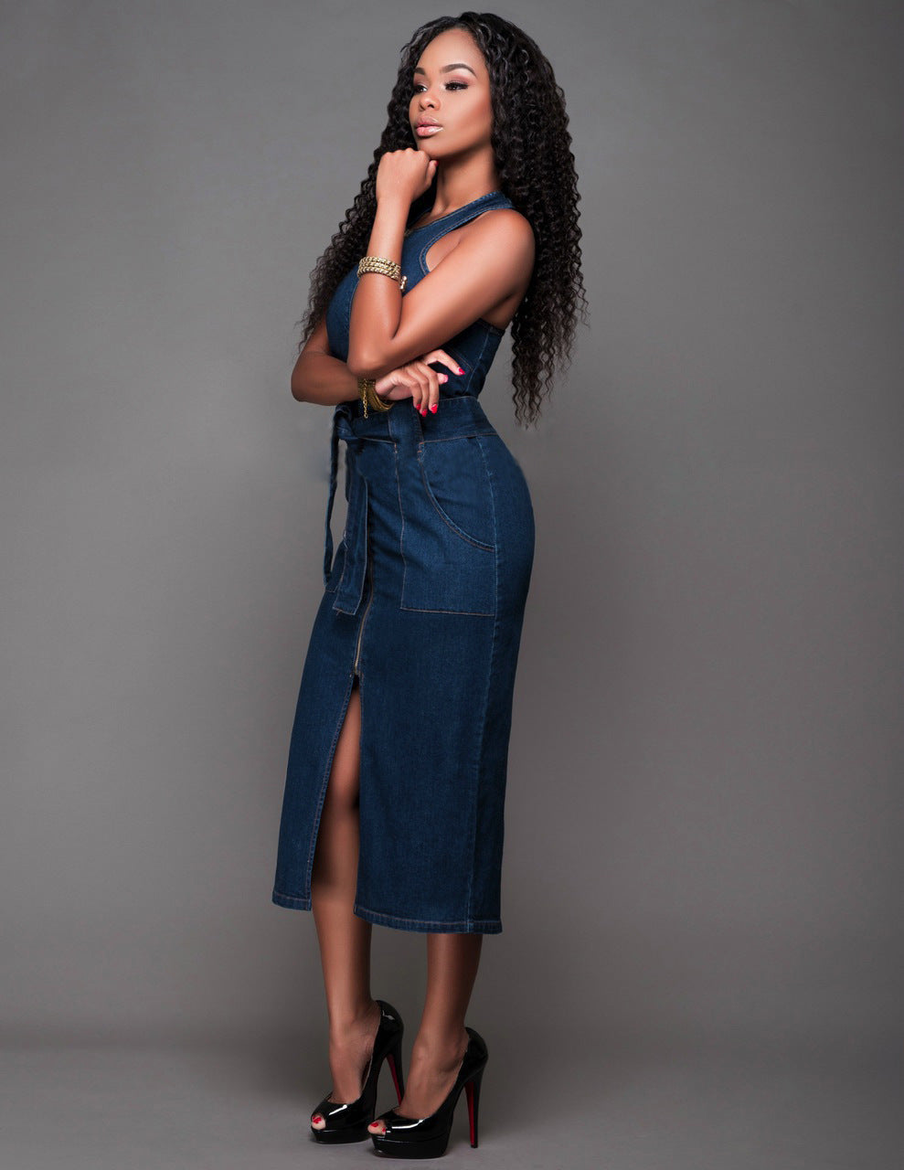 Robe moulante en jean sans manches à la mode, jupe mi-longue