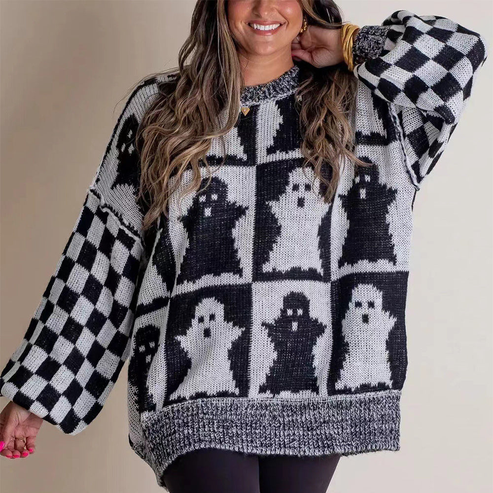 Pull à manches longues en tricot pour femme, imprimé fantôme et damier, style dessin animé d'Halloween, automne et hiver