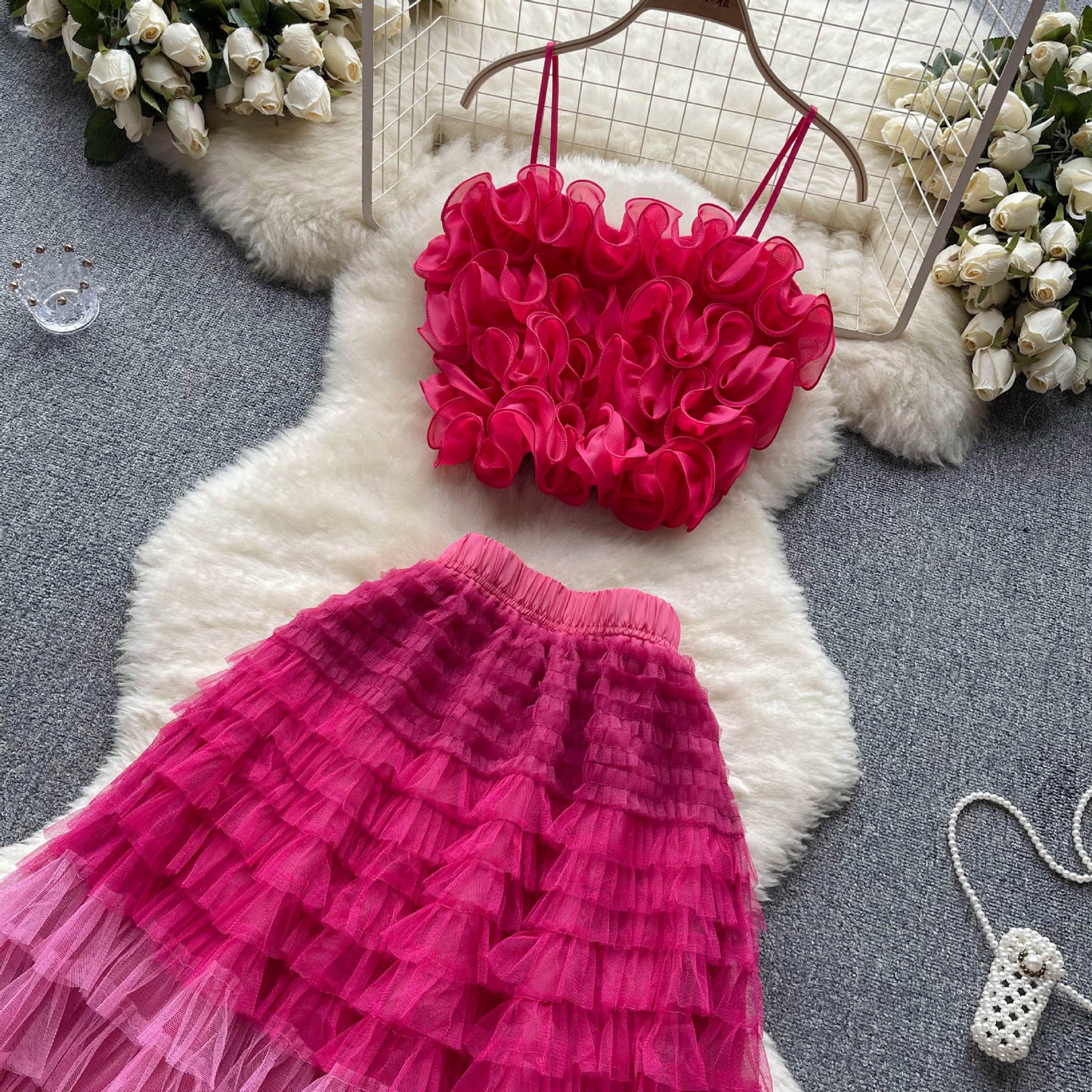 High-grade Ladies Suit Women's Three-dimensional Flower Mesh Camisole Fairy Mesh Half-length Dress Two-piece Set