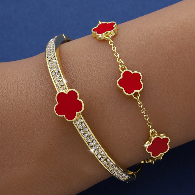 Pulsera de flores de cinco pétalos de la suerte Pulsera de flores de cinco hojas de dos piezas para mujer