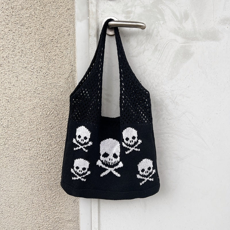 Sac à bandoulière tricoté motif tête de mort pour Halloween, sacs de courses amusants et creux pour femmes