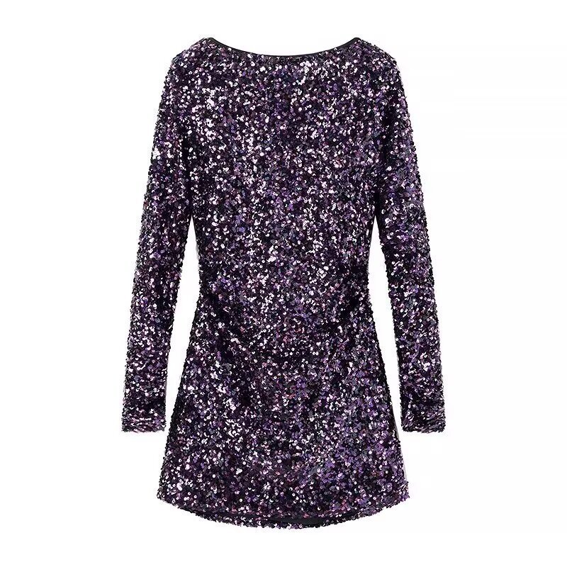 Robe dos nu à paillettes et manches longues à col ras du cou de style rétro français