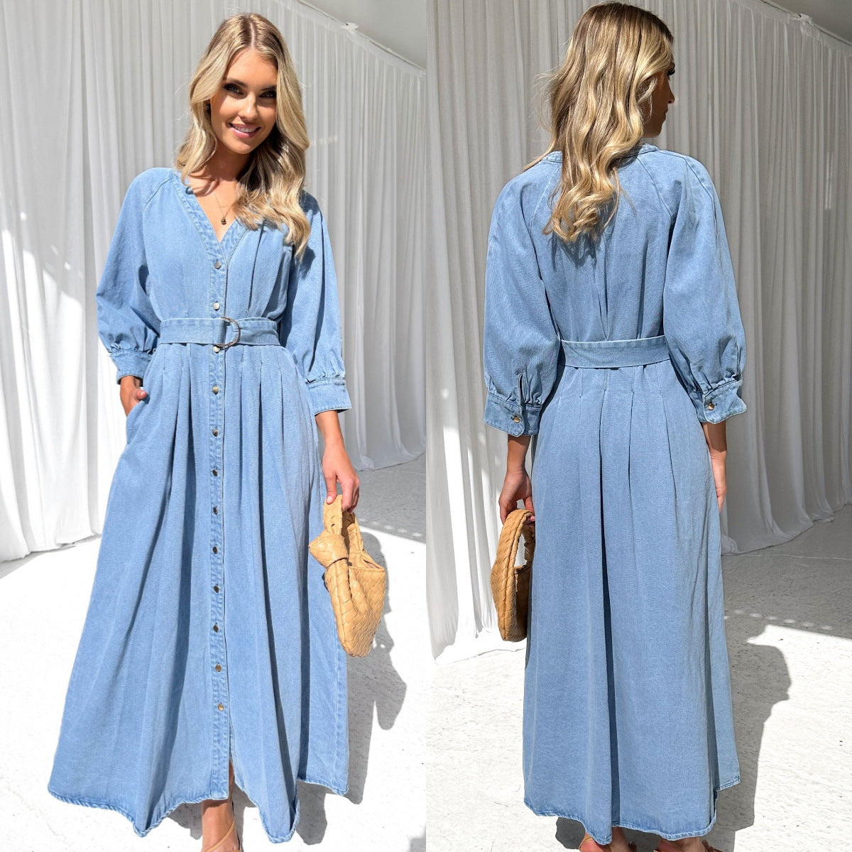 Robe en jean décontractée à boutons et col en V, avec lacets et taille cintrée