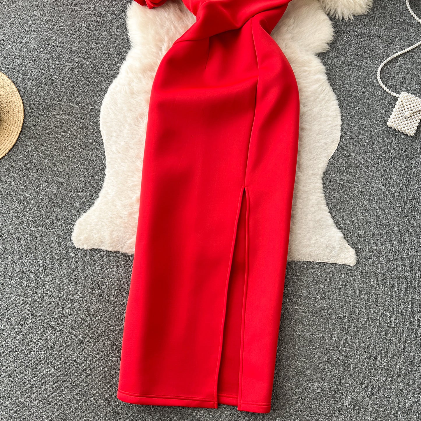 French Style Slanted Neck Bubble Sleeve High Waisted Dress