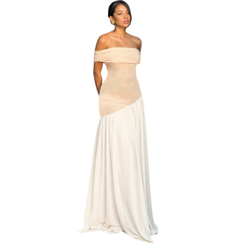 Robe ajustée à épaules dénudées et contraste de couleurs pour femme