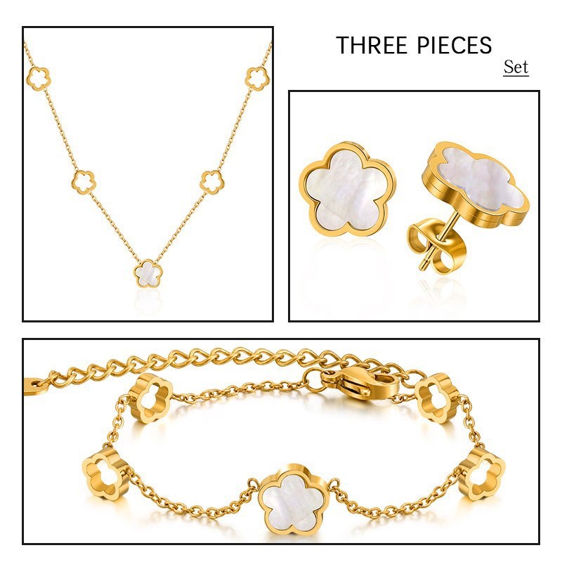 Collier en acier titane et coquillage blanc à cinq feuilles pour femme