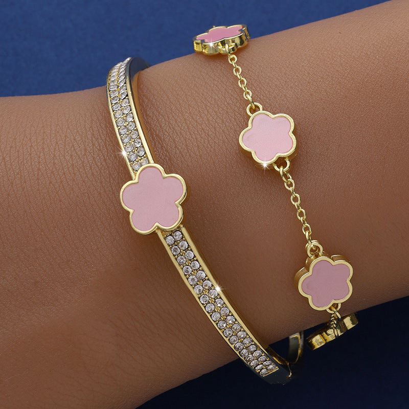 Pulsera de flores de cinco pétalos de la suerte Pulsera de flores de cinco hojas de dos piezas para mujer