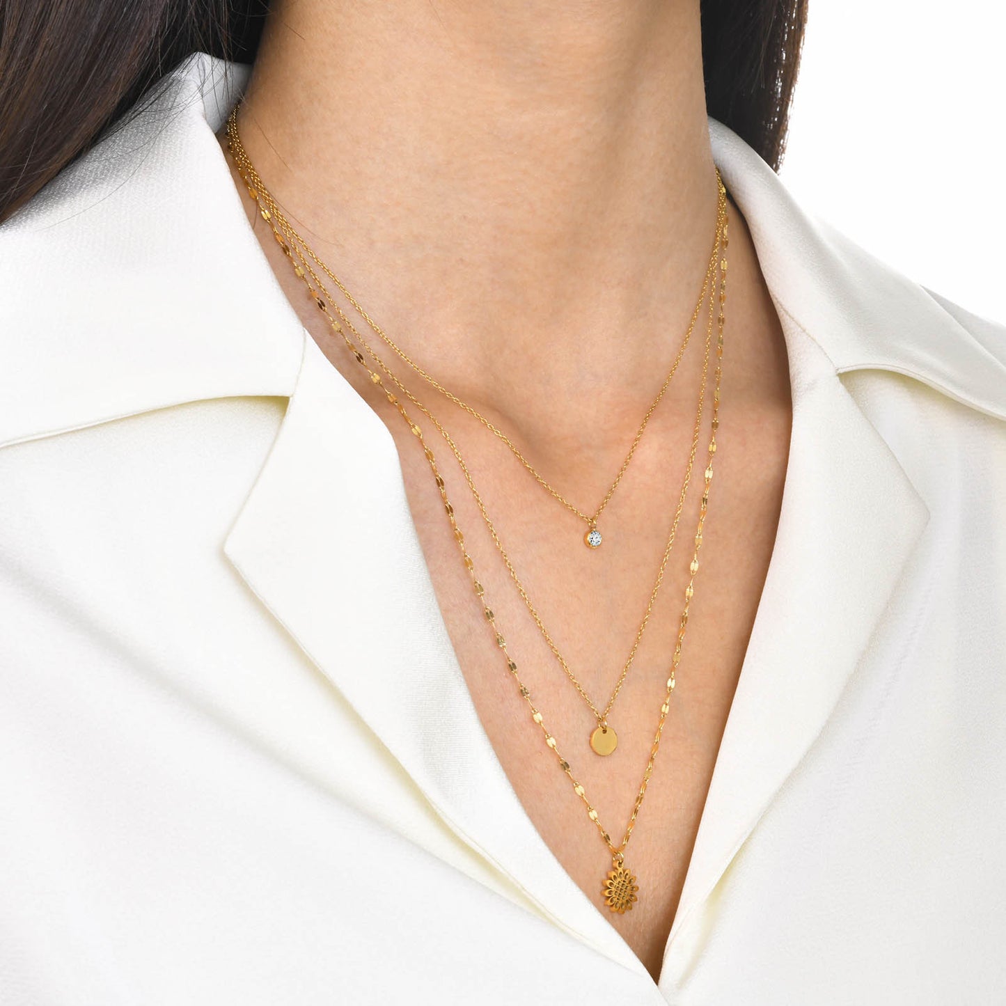 Collar doble de tres capas con diseño de girasol y circonita redonda de acero inoxidable para mujer