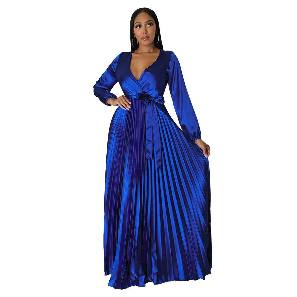 Robe plissée à manches lanternes pour femme